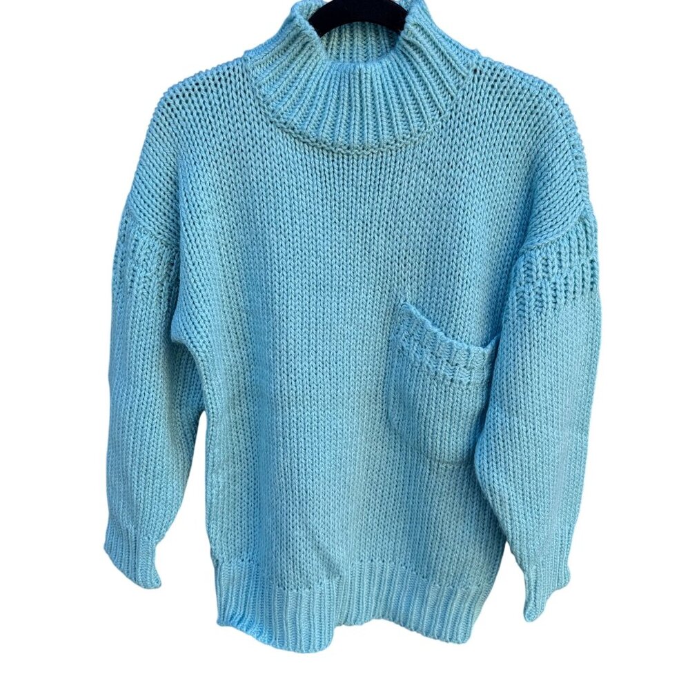 Susann D‎ Vintage Womens Blue Chunky Knit Turtleneck Sweater Oversized Pocket S